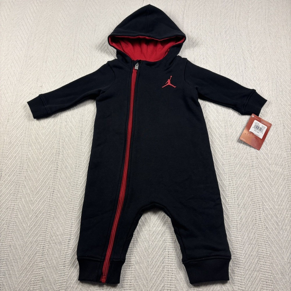 Air Jordan Brand Hooded Full Zip Up Romper Black Red Toddler Size 6-9 Months